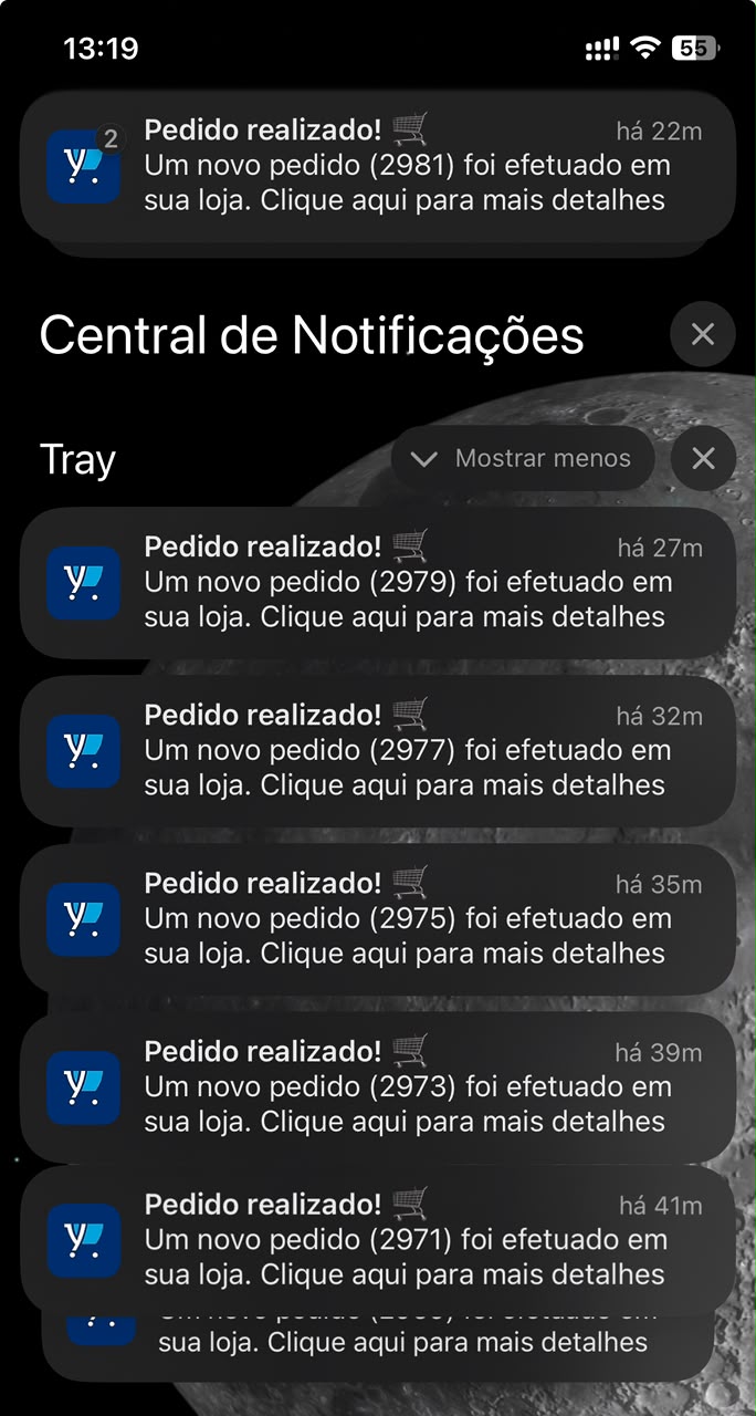 Central de notificações com diversos avisos de novos pedidos realizados na loja